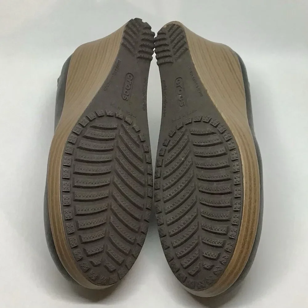 Crocs Wedge Heels Women 8.5 A-Leigh Brown Leather Closed Toe SlipOn Shoes